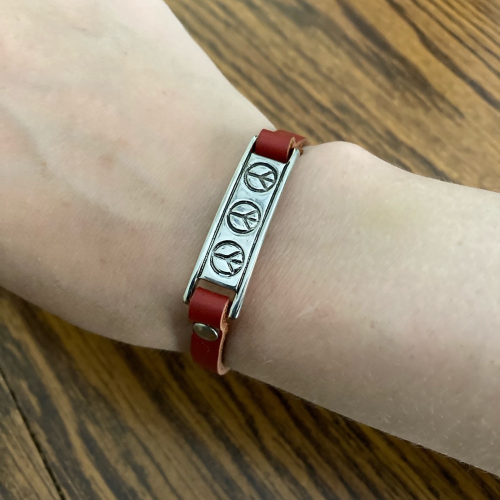 Red leather peace sign bracelet